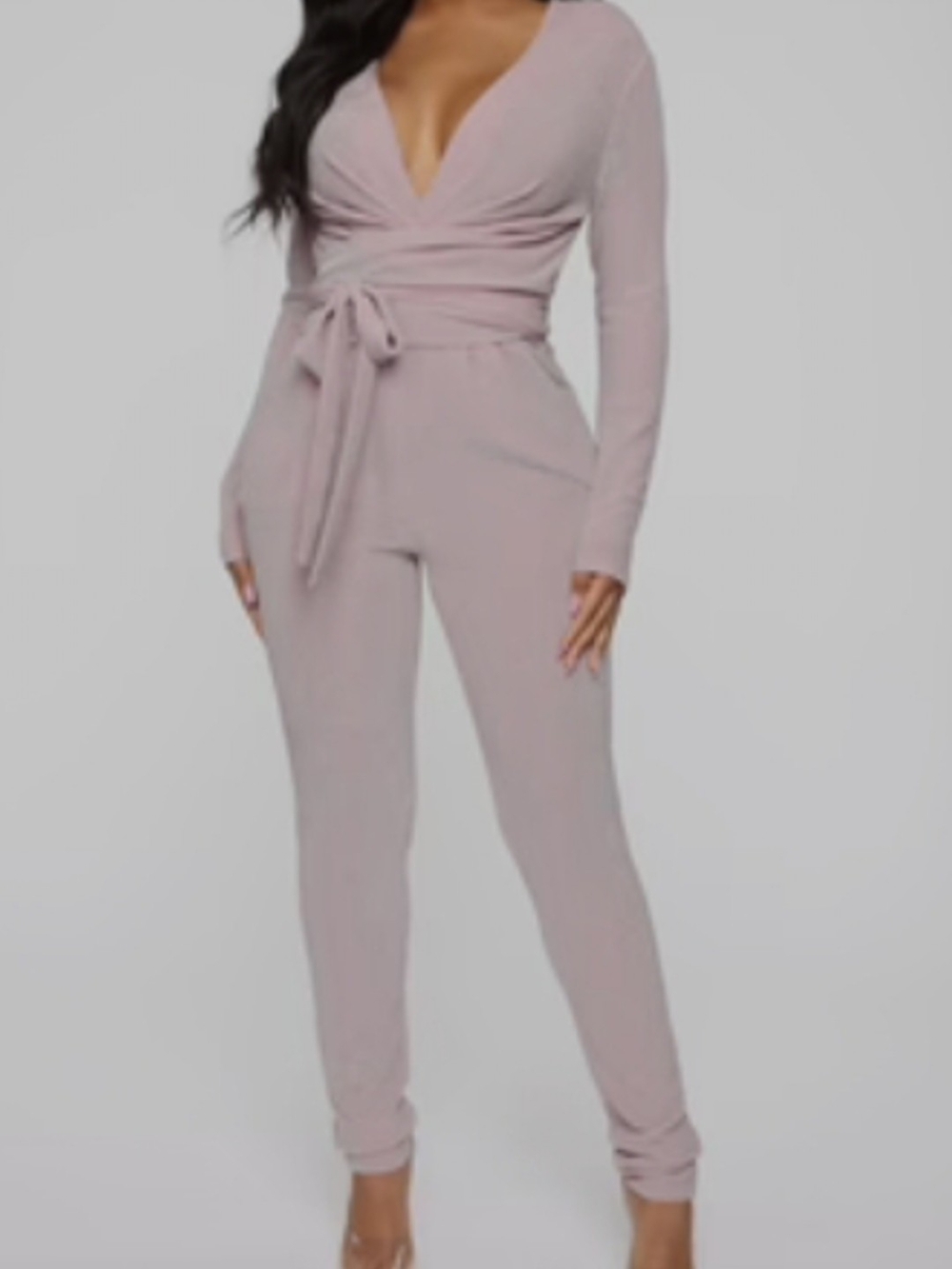 Long Sleeve V-Neck Tie-Waist Jumpsuit - Glittery Pink